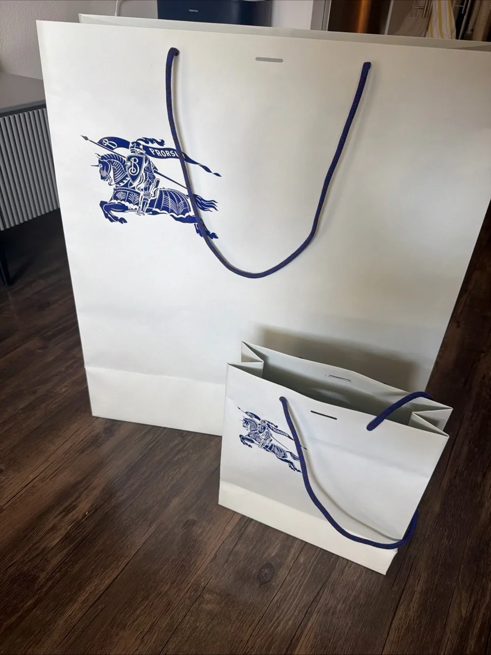 Burberry White Gift Bags with Navy Blue Logo and Rope Handles